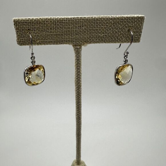 7.11cts faceted checkerboard cushion cut citrine on 925 dangle earrings! - Picture 9 of 14